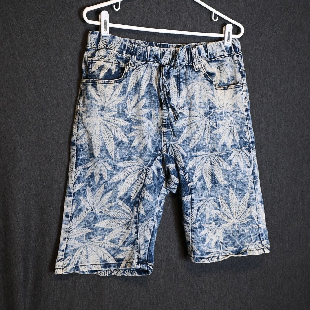Victorious Men's Medium Marijuana Leaf Print Denim Jean Shorts Jorts Drawstring